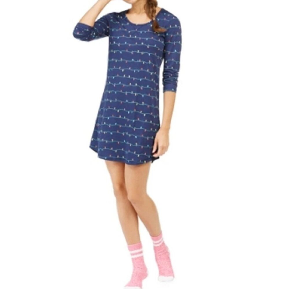 Jenni Women's Sleep Shirt and Socks Set, Navy Blue Christmas Lights, Small
